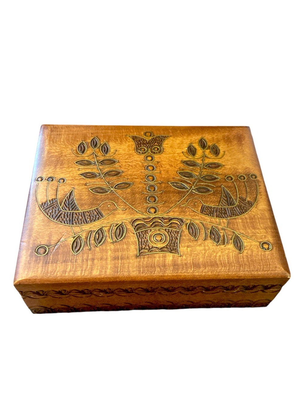 Vintage Hand Carved Wooden Keepsake Box Brass Inlay Bird Floral Trinket Box